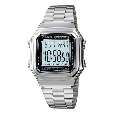 Reloj Casio Retro Vintage A178 Acero Inoxidable Hora Doble Color De La Correa Plateado Color Del Bisel Plateado Color Del Fondo Negro