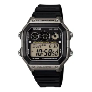 Reloj Digital Casio Ae-1300wh-8a Sumergible 100 Metros Con Correa De Resina Color Negro Caja Plateada Alarma Gris/negro