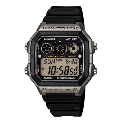 Reloj Digital Casio Ae-1300wh-8a Sumergible 100 Metros Con Correa De Resina Color Negro Caja Plateada Alarma Gris/negro