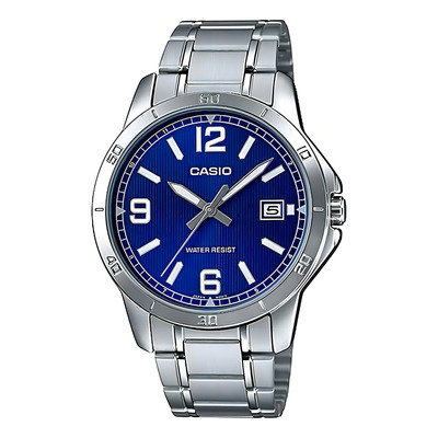 Reloj Pulsera Casio Mtp-v004d-2b Con Correa De Acero Inoxidable Color Plateado Fondo Azul