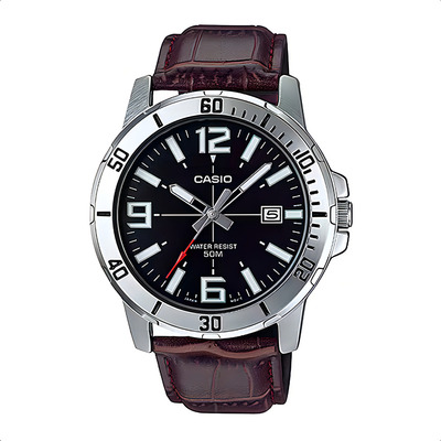 Reloj Casio Hombre Cuero Analogico Sumergible Con Fecha Mtp-vd01 Malla Marrón Fondo Negro Bisel Plateado Agente Oficial