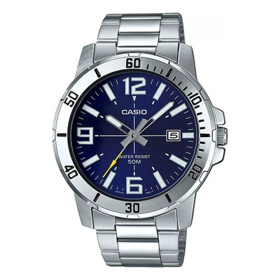 Reloj Casio Mtpvd01 2b Hombre Acero Fechador Correa Plateado Bisel Plateado Fondo Azul Marino Mtp-vd01d-2b